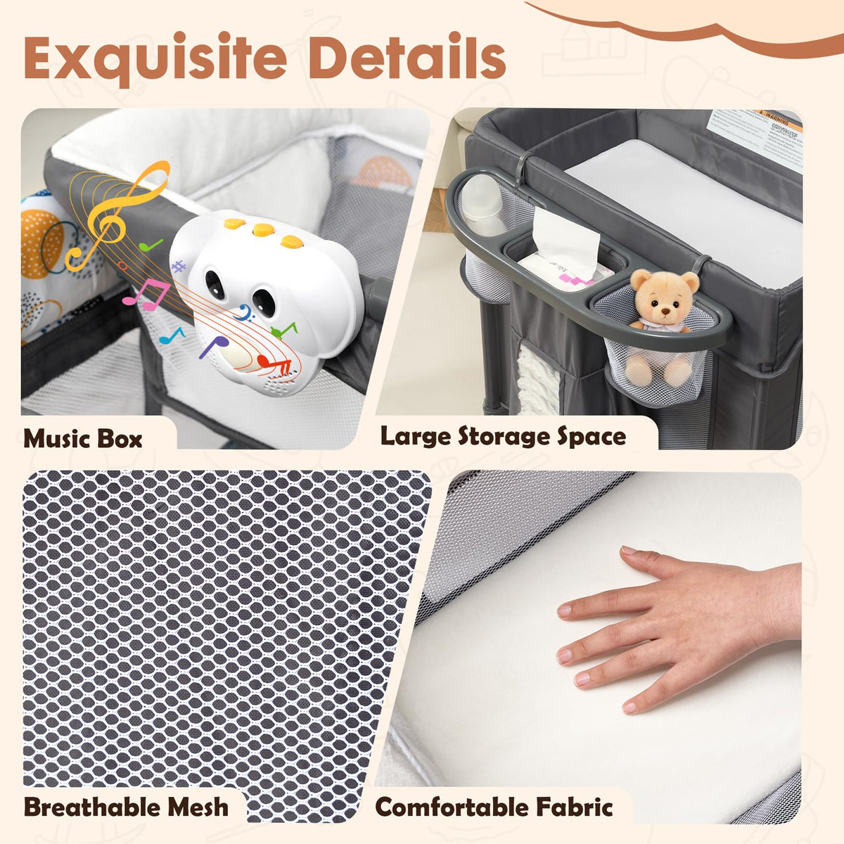 5-in-1 Pack and Play with Bassinet, Changing Table and Mat, Gray E603