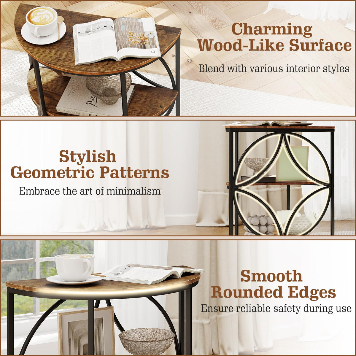 Half Round 3-Tier Sofa Side Table with Storage Shelves I92942