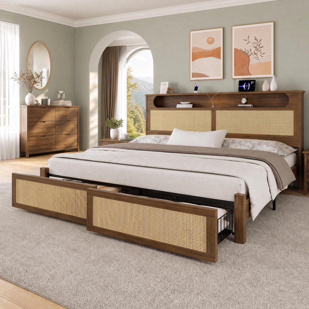 Queen Size Rattan Bed Frame with 2 Storage Drawers H404869