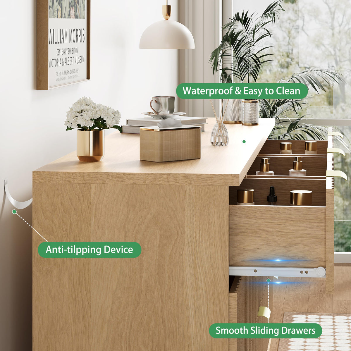 Natural Oak 9 Drawer Fluted Wood Dresser U1100