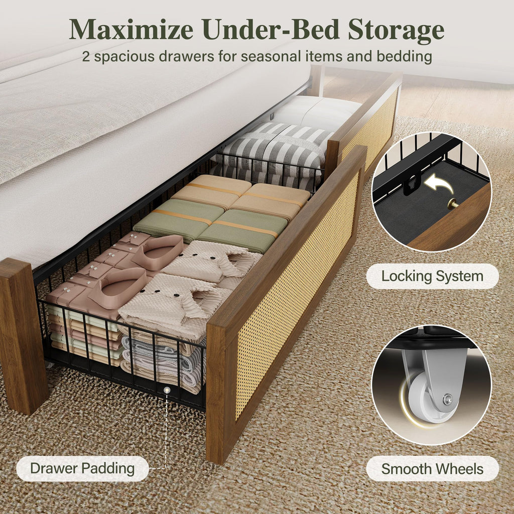 Queen Size Rattan Bed Frame with 2 Storage Drawers H404869