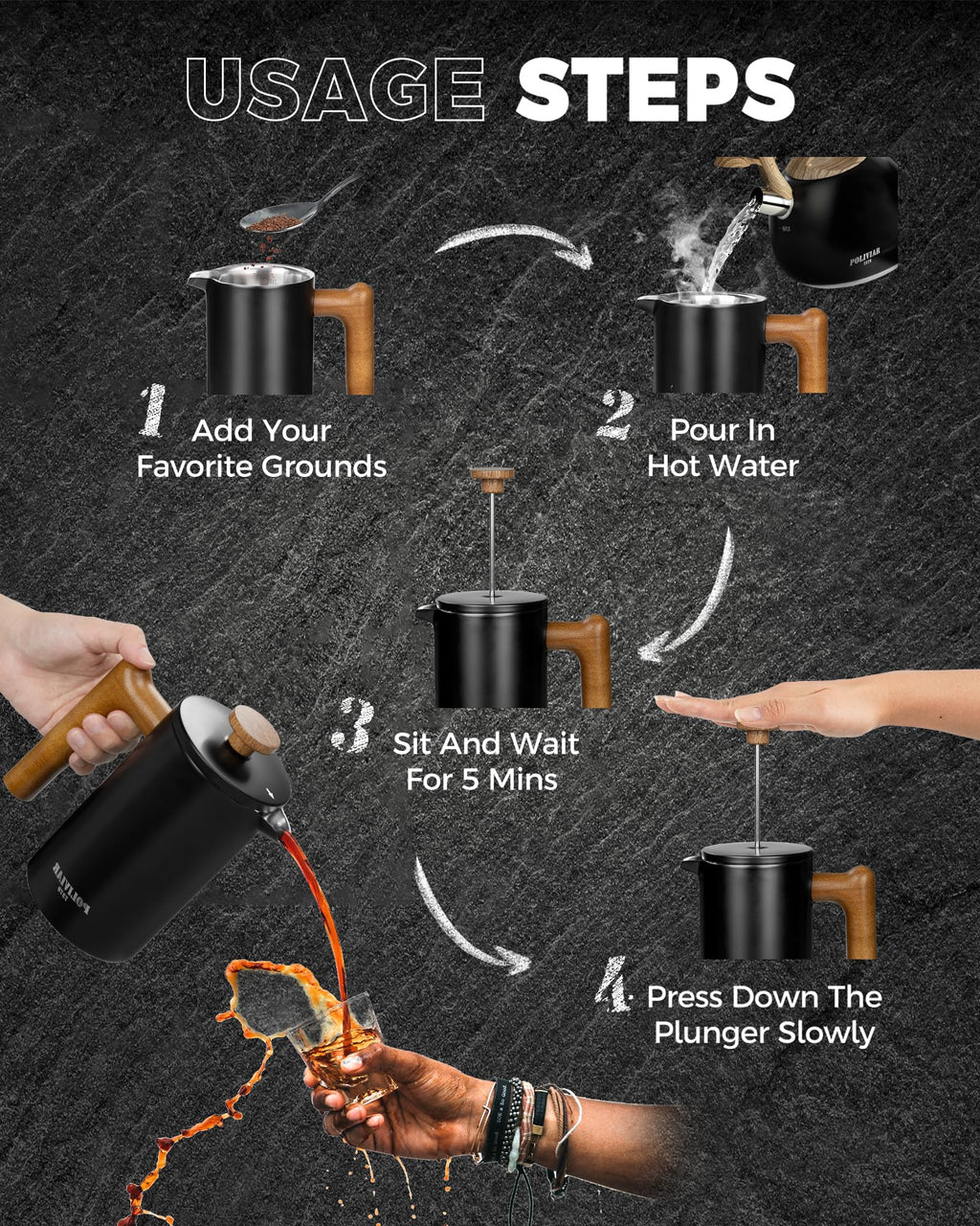 French Press Coffee Maker, 21oz, Black W237860
