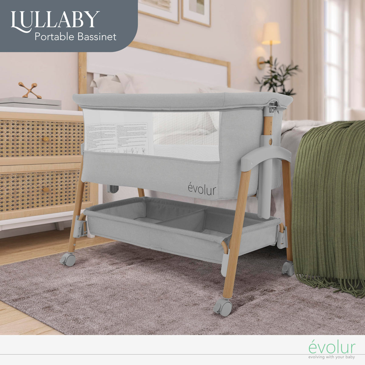 Portable Bassinet with Wheels and Storage Basket A16604