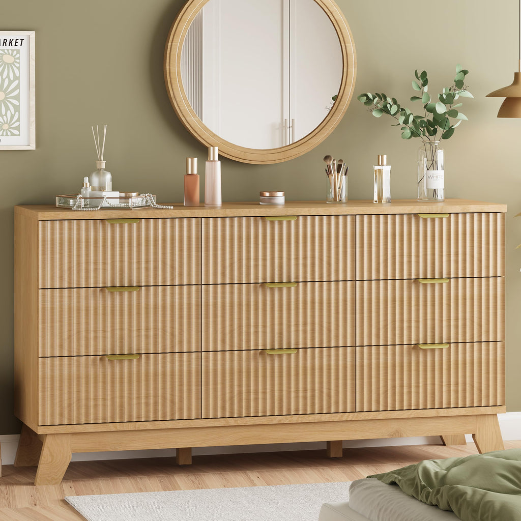Natural Oak 9 Drawer Fluted Wood Dresser U1100