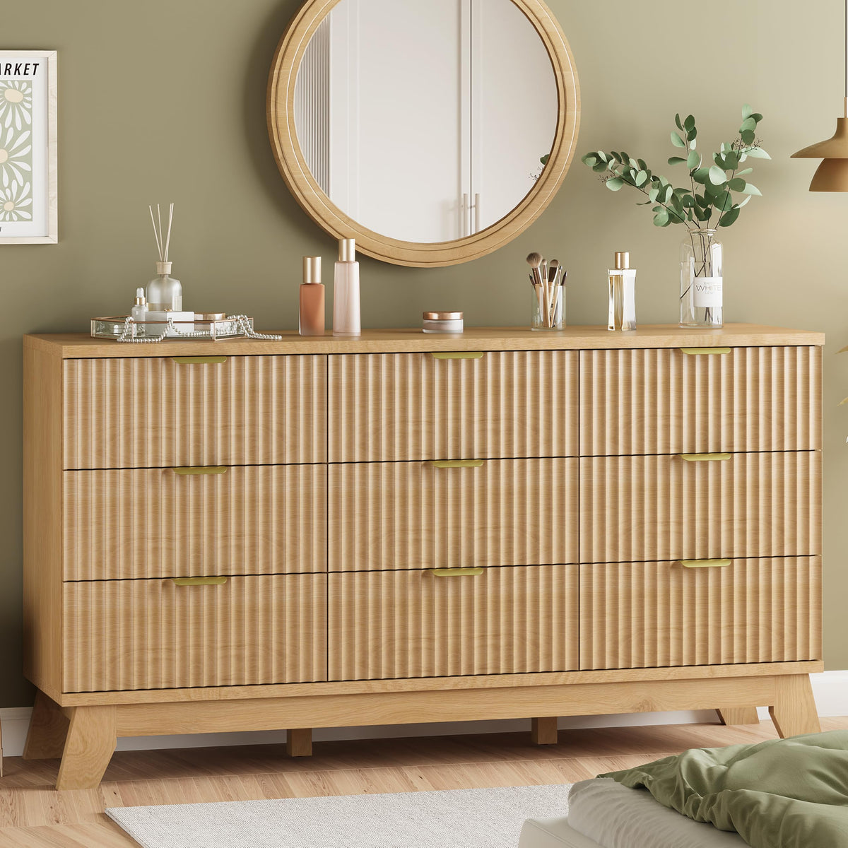 Natural Oak 9 Drawer Fluted Wood Dresser U1100